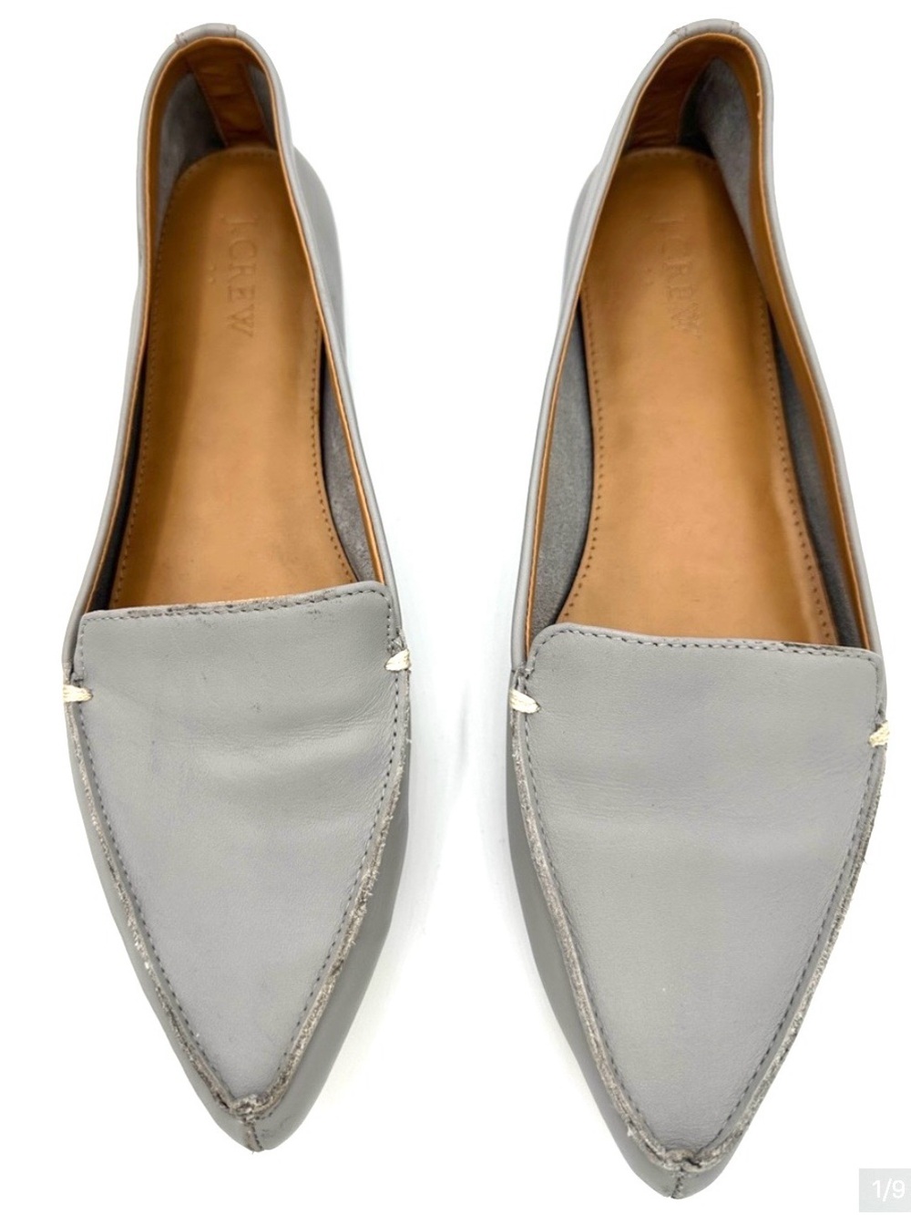 J. Crew Gray Pointed Leather Loafers with Tan Insole